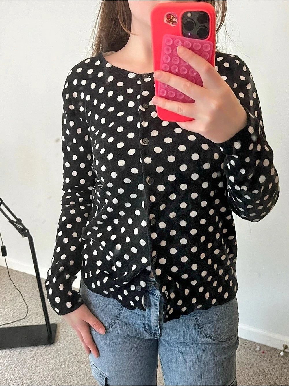 Lands' End Polka Dot Supima Cotton Cardigan Black & White Medium